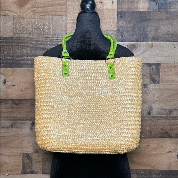 Straw Summer Beach Swim Tote Tan Green SM 317 - Picture 2 of 6